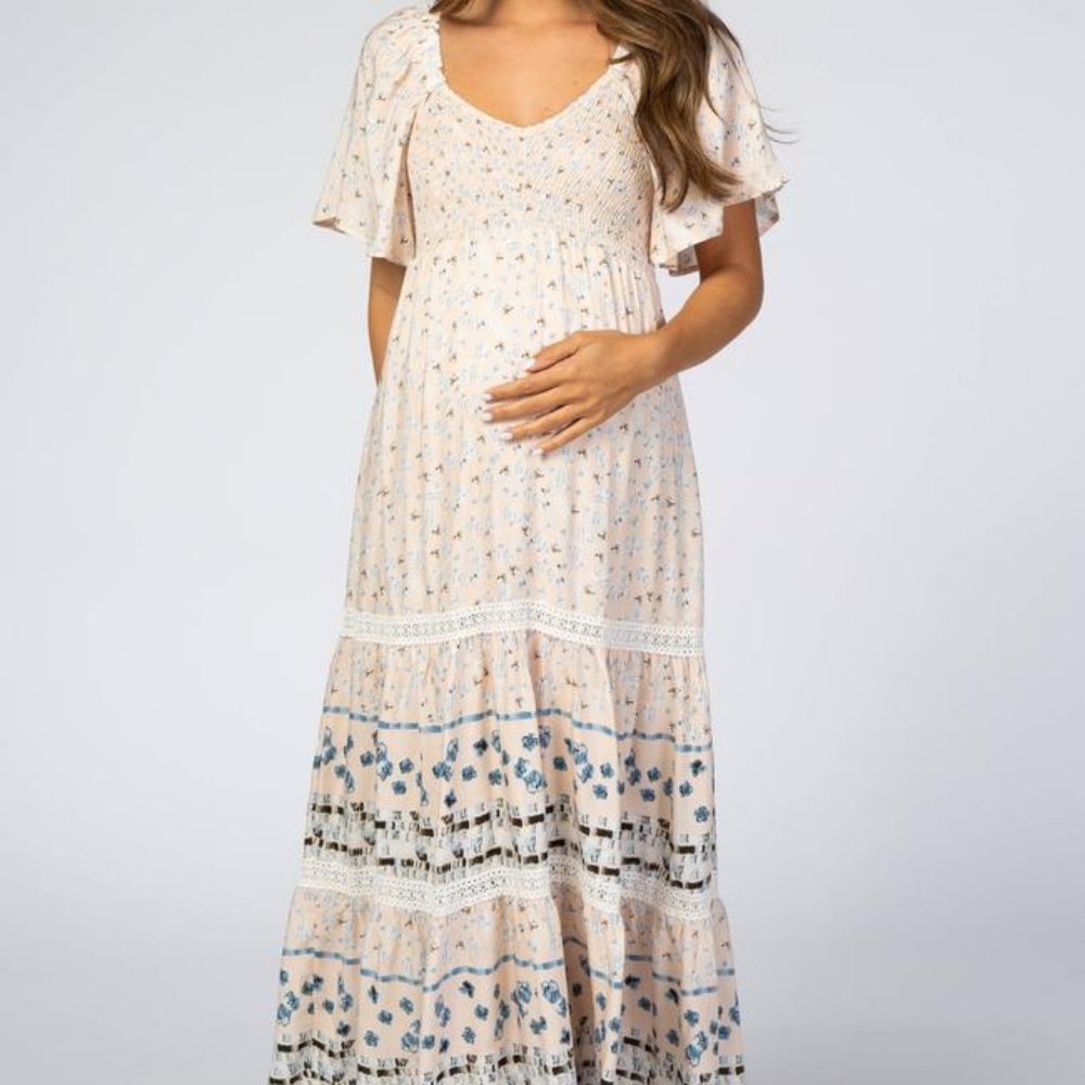 Maternity Midi Dress Light Pink Printed Smocked Medium